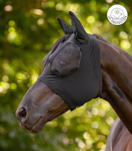 Waldhausen Fliegenmaske Puck VB Schwarz – UV-Schutz, elastisch, Reißverschluss, Fliegenschutz Pferd, extra Augenfreiheit